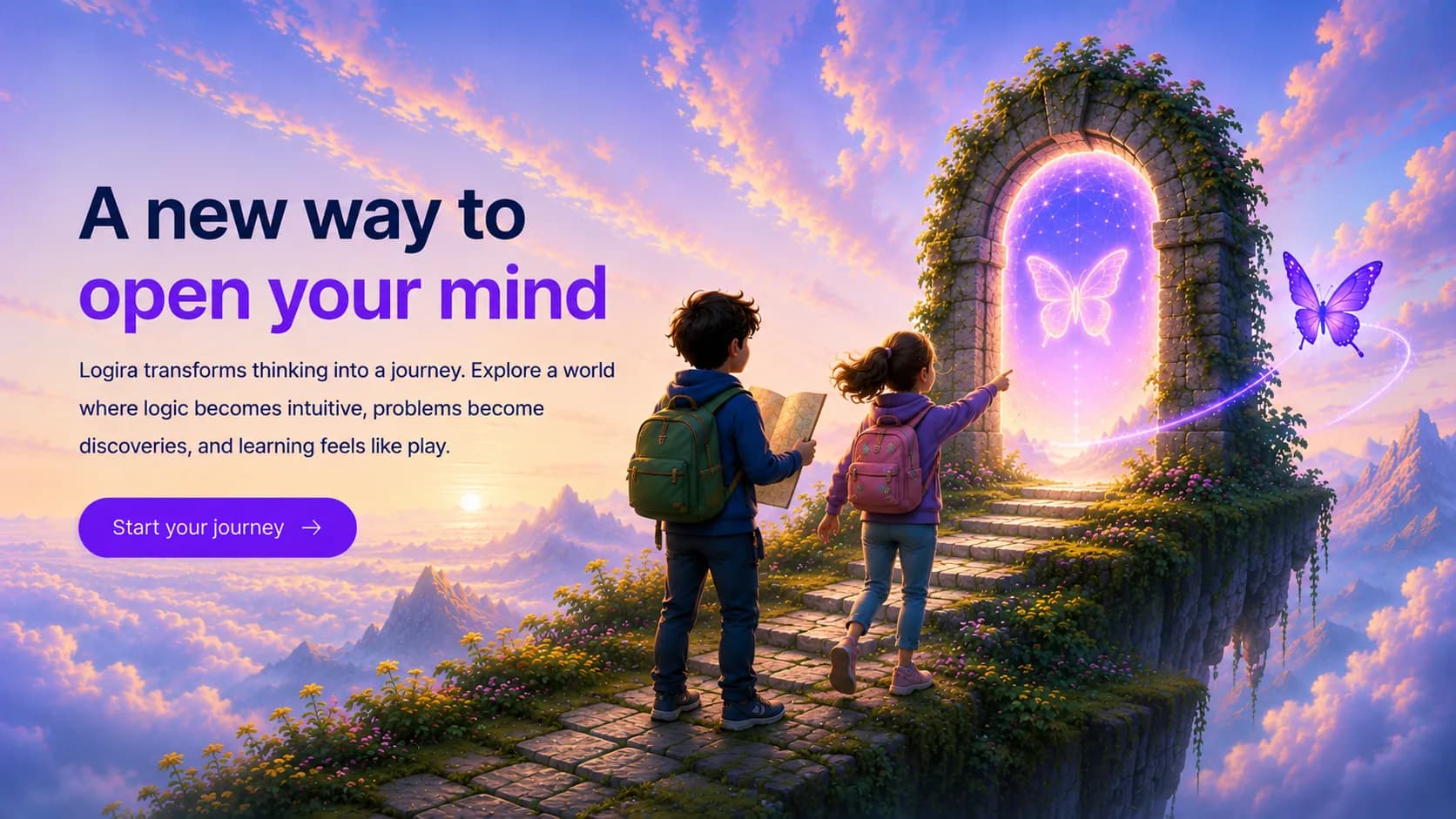 Two young explorers on a floating stone path walk toward a glowing portal — a new way to open your mind